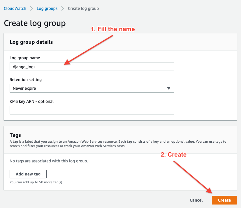 Create cloudwatch log group screen