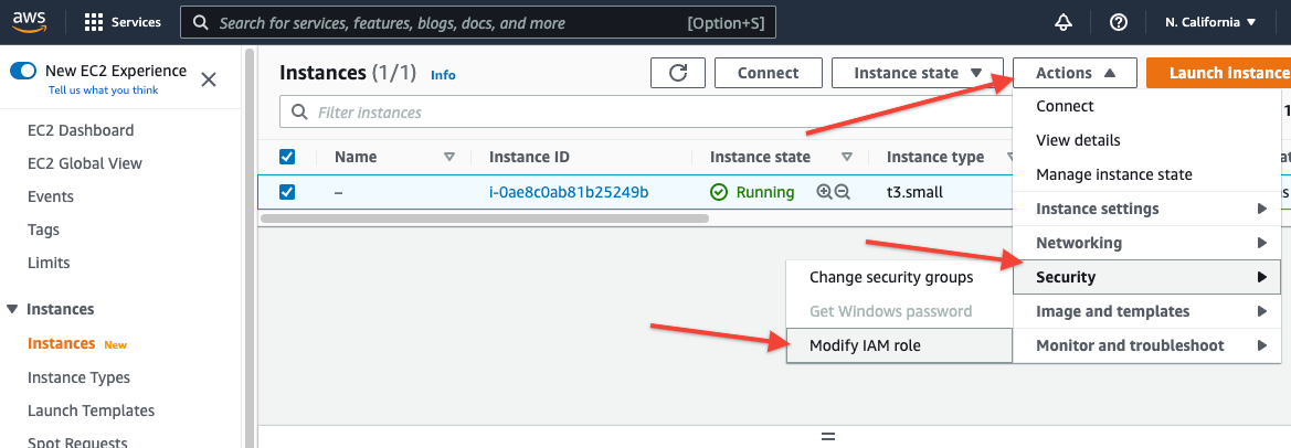 EC2 Dashboard Actions Security Modify IAM role