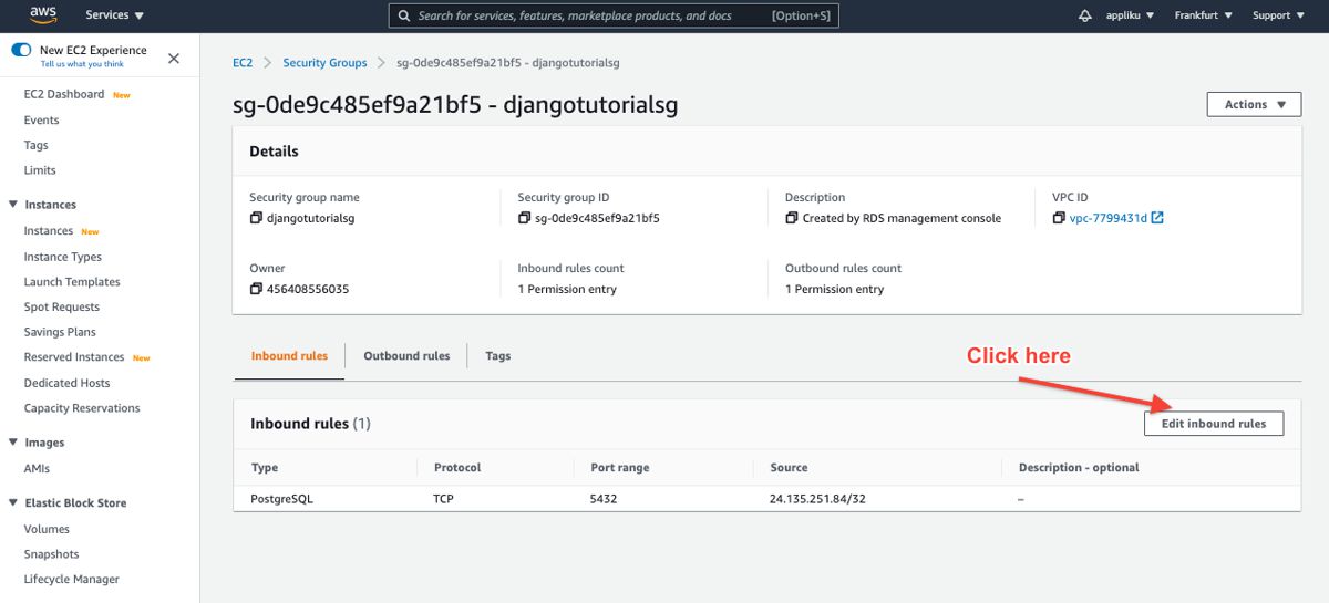 AWS RDS Security Group Edit Inbound Rules